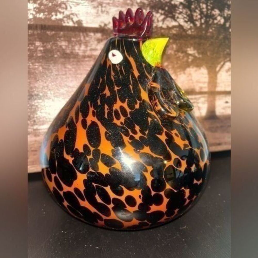 Large Art Murano thick Glass rooster  brown leopard design  9”x10.5” 80’s